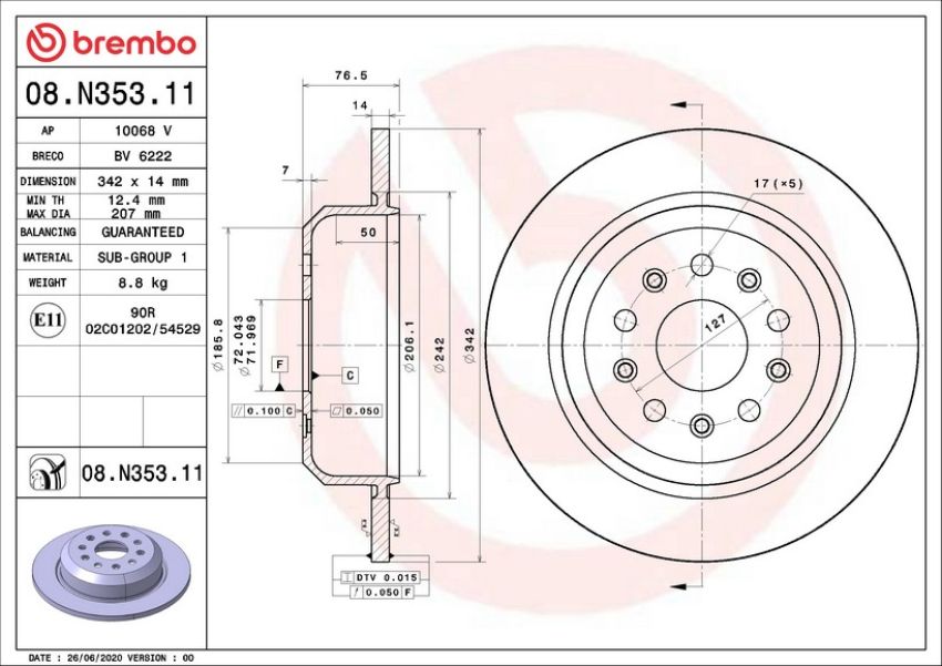 Brembo 08.N353.11 Brembo UV Coated Solid Brake Rotor