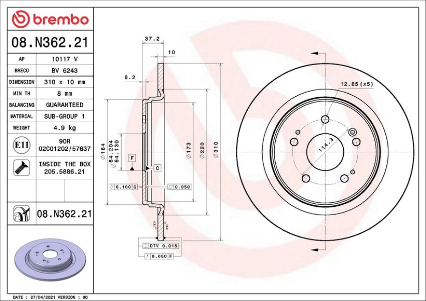 Brembo 08.N362.21 Brembo UV Coated Solid Brake Rotor