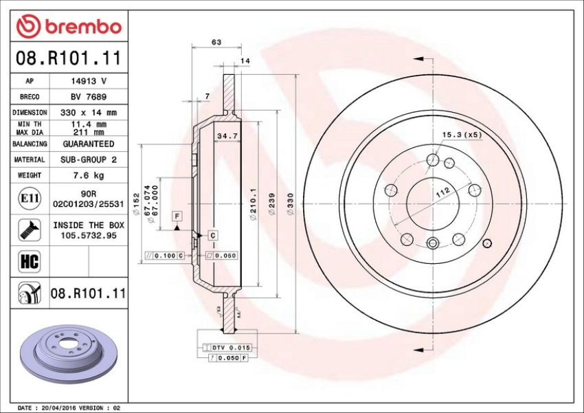 Brembo 08.R101.11 Brembo UV Coated Solid Brake Rotor