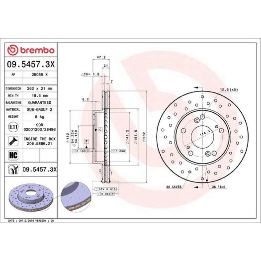 Brembo 09.5457.3X Premium UV Coated Xtra Cross Drilled Brake Rotor