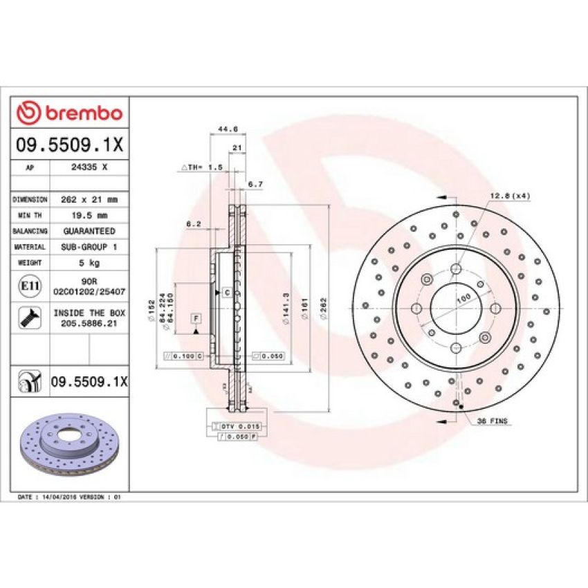 Brembo 09.5509.1X Premium UV Coated Xtra Cross Drilled Brake Rotor