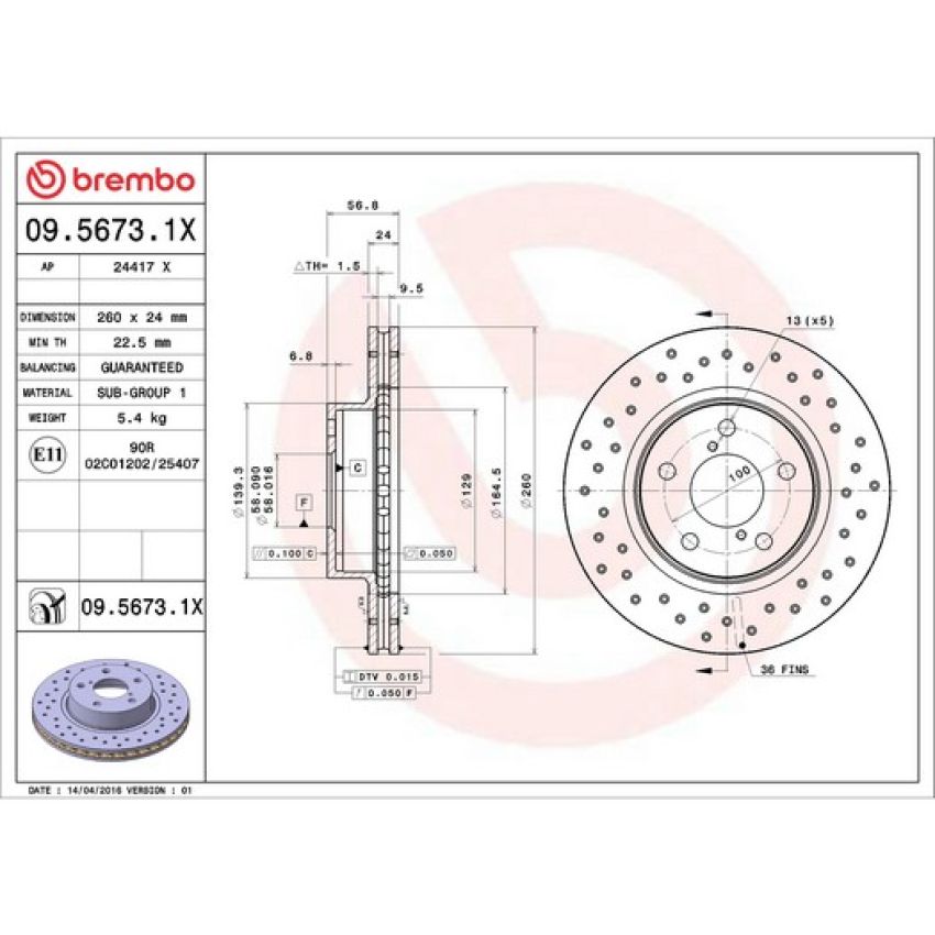 Brembo 09.5673.1X Premium UV Coated Xtra Cross Drilled Brake Rotor