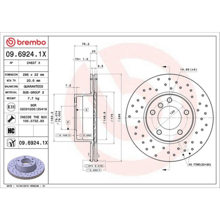 Brembo 09.6924.1X Premium UV Coated Xtra Cross Drilled Brake Rotor