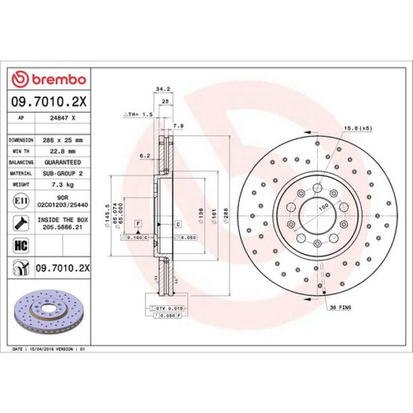 Brembo 09.7010.2X Premium UV Coated Xtra Cross Drilled Brake Rotor