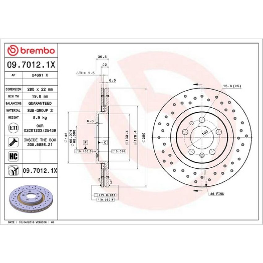 Brembo 09.7012.1X Premium UV Coated Xtra Cross Drilled Brake Rotor
