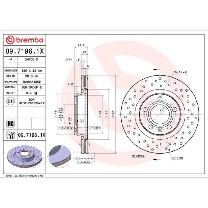 Brembo 09.7196.1X Premium UV Coated Xtra Cross Drilled Brake Rotor