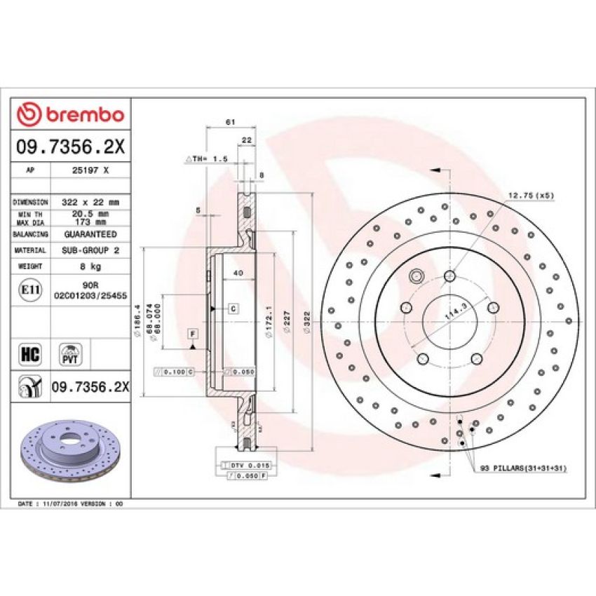 Brembo 09.7356.2X Premium UV Coated Xtra Cross Drilled Brake Rotor