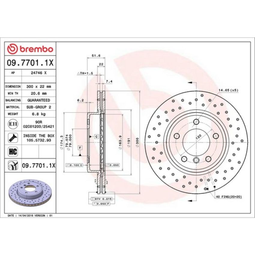 Brembo 09.7701.1X Premium UV Coated Xtra Cross Drilled Brake Rotor