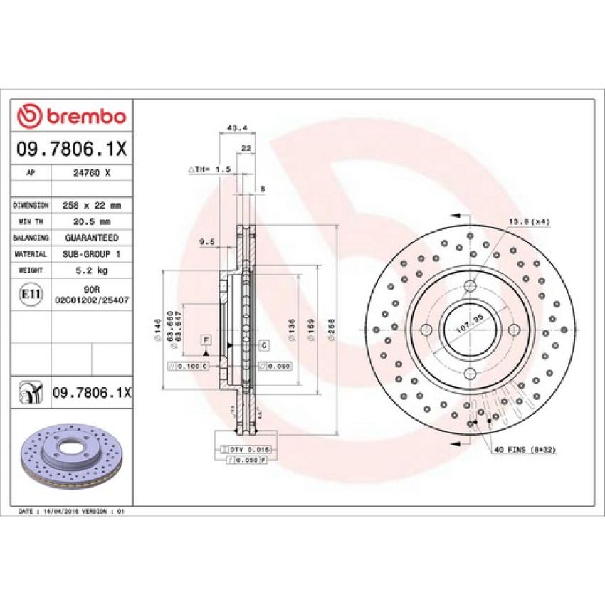 Brembo 09.7806.1X Premium UV Coated Xtra Cross Drilled Brake Rotor