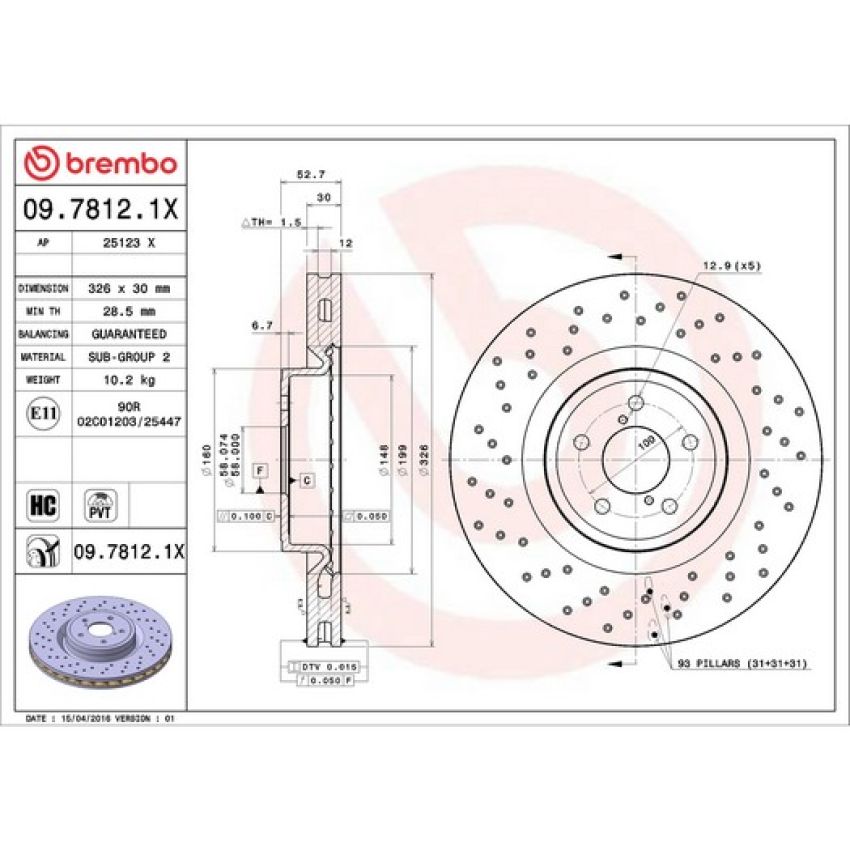Brembo 09.7812.1X Premium UV Coated Xtra Cross Drilled Brake Rotor