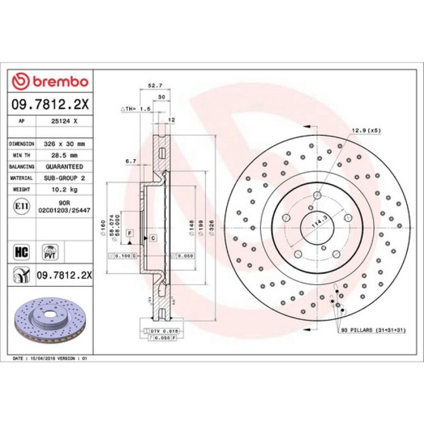 Brembo 09.7812.2X Premium UV Coated Xtra Cross Drilled Brake Rotor