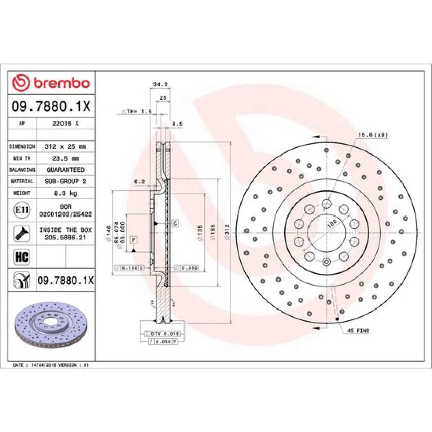 Brembo 09.7880.1X Premium UV Coated Xtra Cross Drilled Brake Rotor