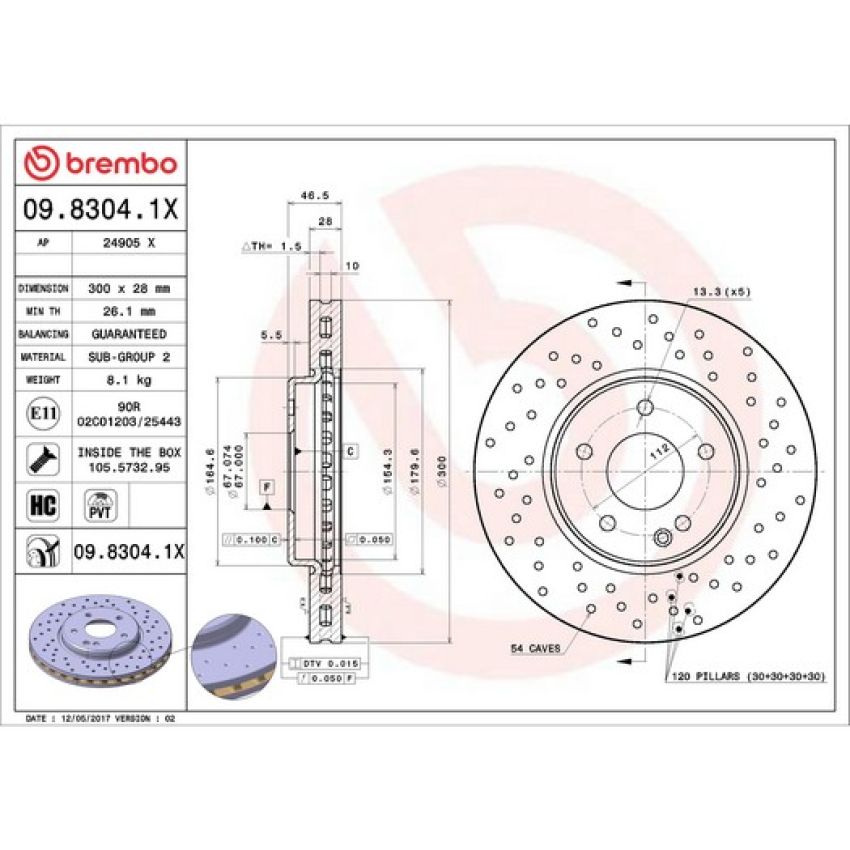 Brembo 09.8304.1X Premium UV Coated Xtra Cross Drilled Brake Rotor