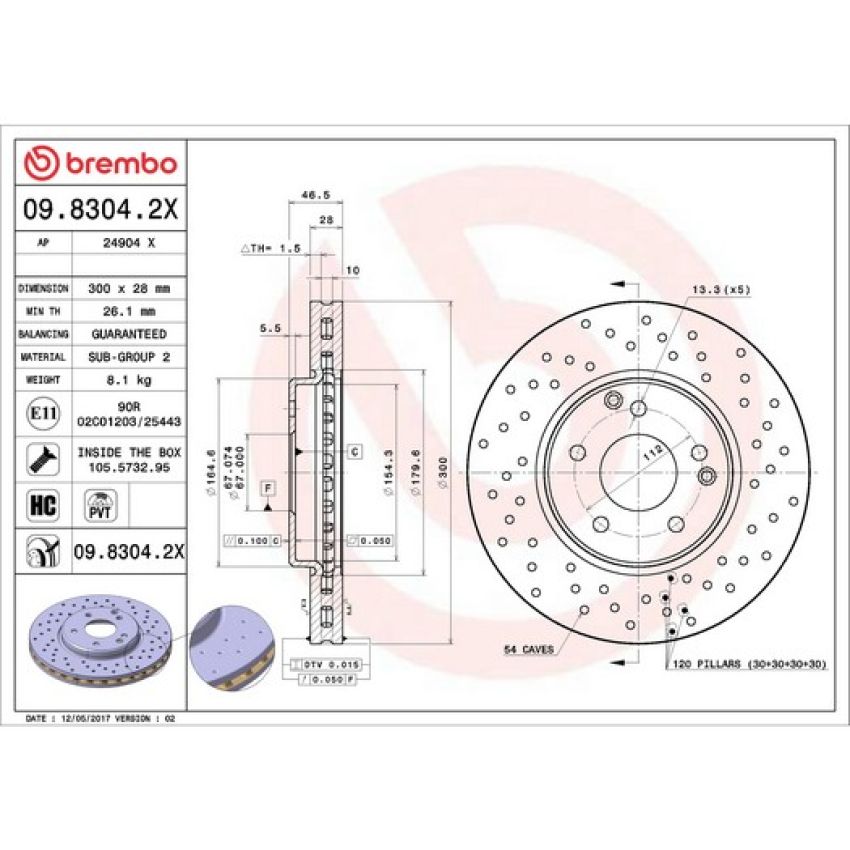 Brembo 09.8304.2X Premium UV Coated Xtra Cross Drilled Brake Rotor