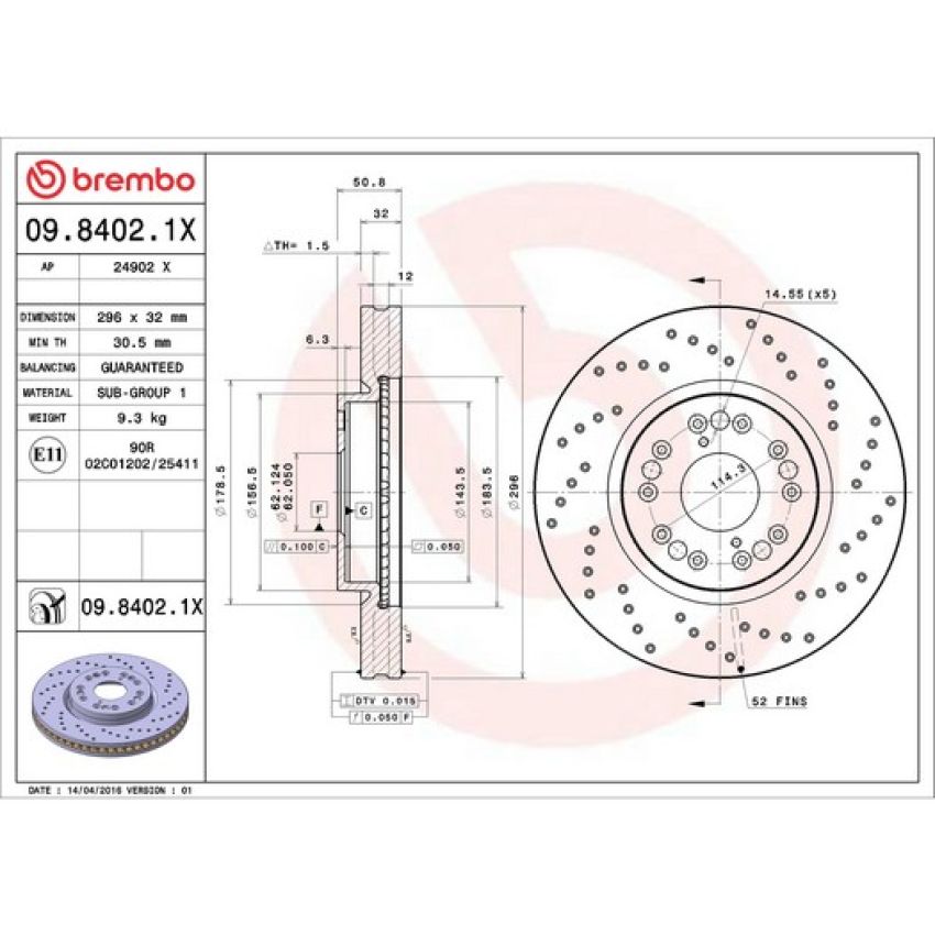 Brembo 09.8402.1X Premium UV Coated Xtra Cross Drilled Brake Rotor