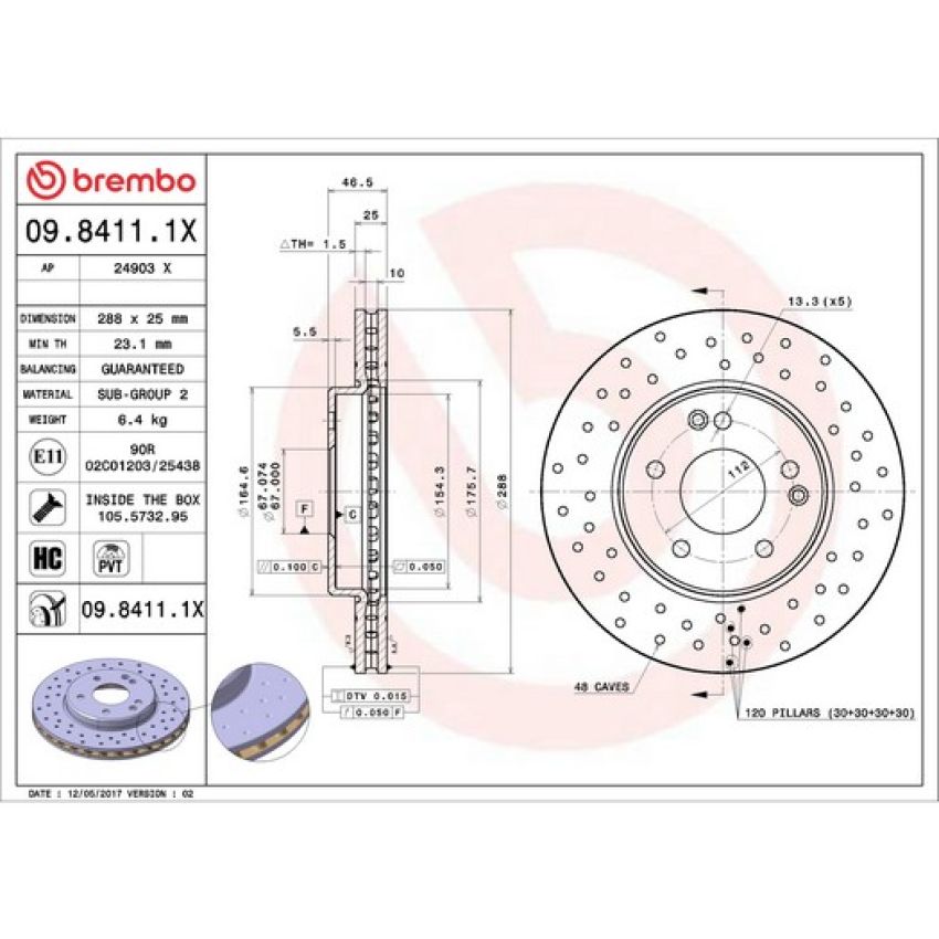 Brembo 09.8411.1X Premium UV Coated Xtra Cross Drilled Brake Rotor