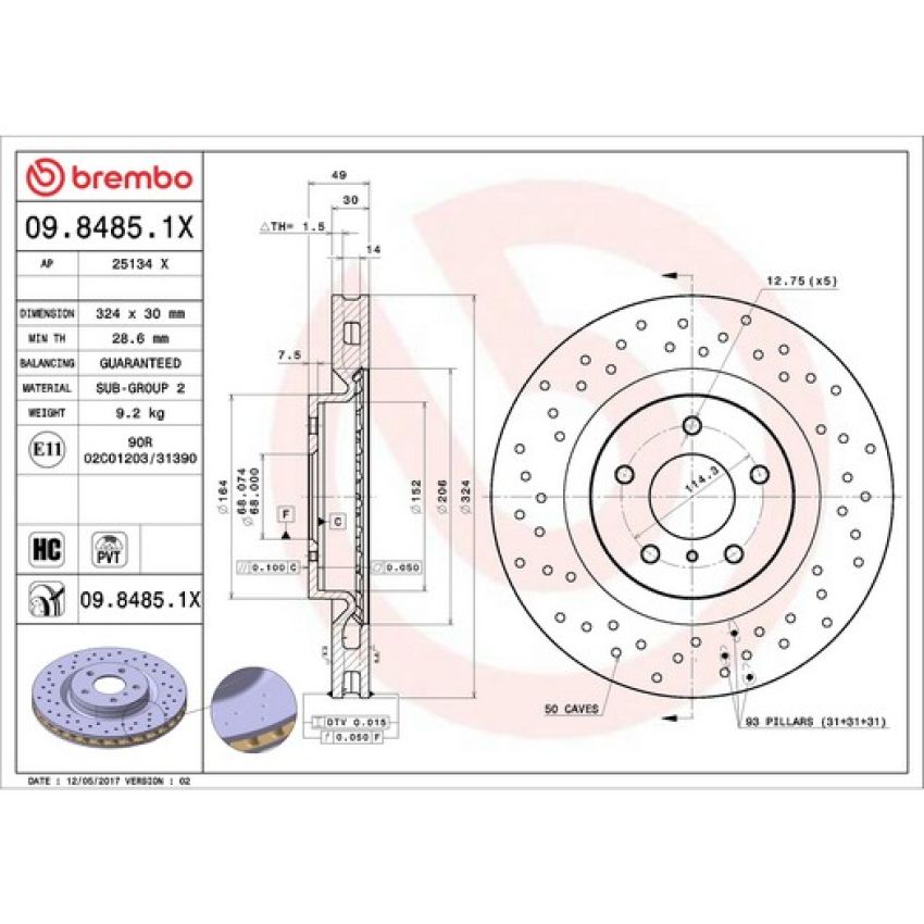Brembo 09.8485.1X Premium UV Coated Xtra Cross Drilled Brake Rotor