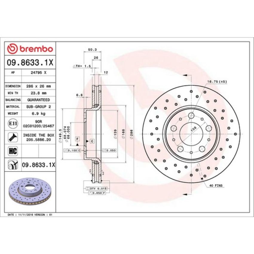 Brembo 09.8633.1X Premium UV Coated Xtra Cross Drilled Brake Rotor