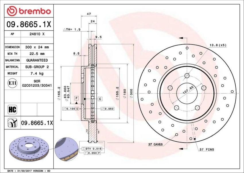 Brembo 09.8665.1X Premium UV Coated Xtra Cross Drilled Brake Rotor