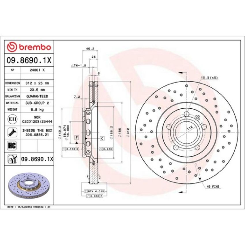 Brembo 09.8690.1X Premium UV Coated Xtra Cross Drilled Brake Rotor