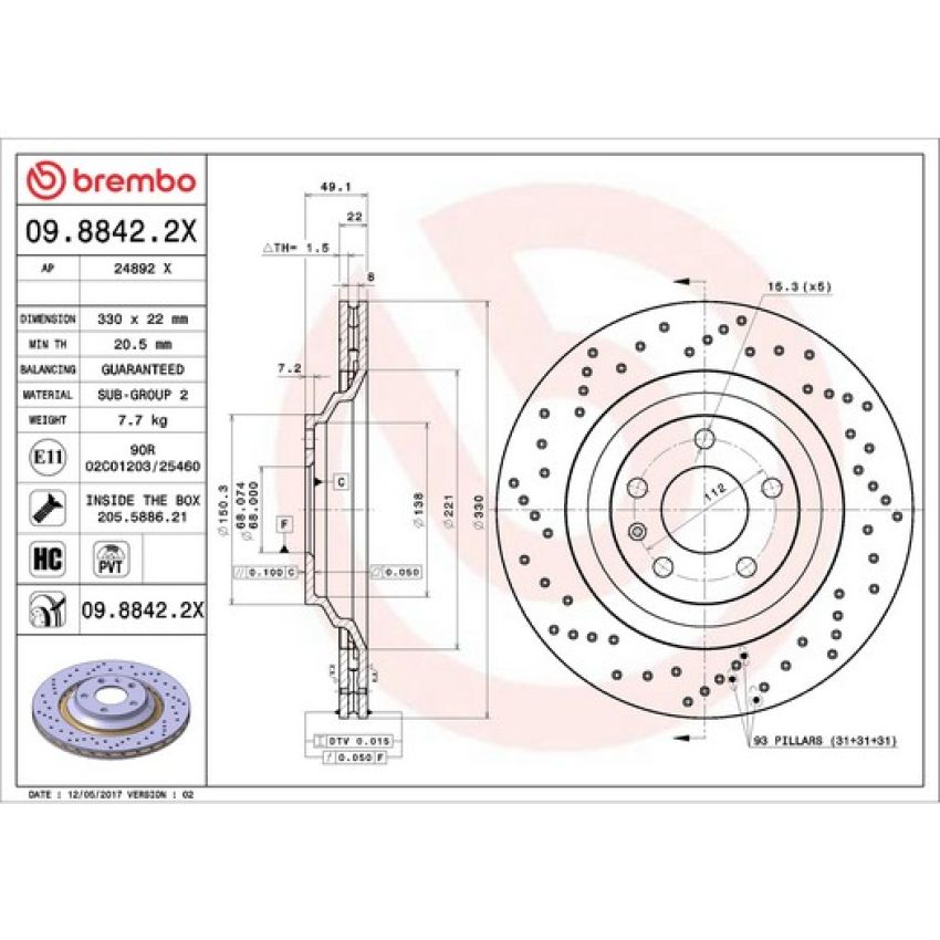 Brembo 09.8842.2X Premium UV Coated Xtra Cross Drilled Brake Rotor