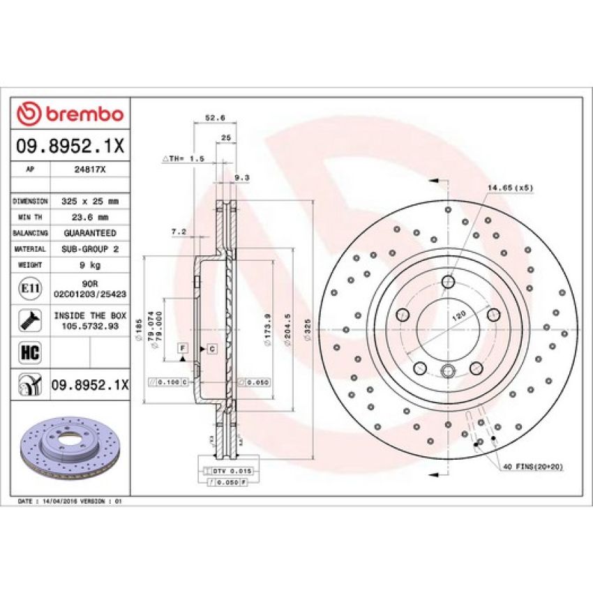 Brembo 09.8952.1X Premium UV Coated Xtra Cross Drilled Brake Rotor