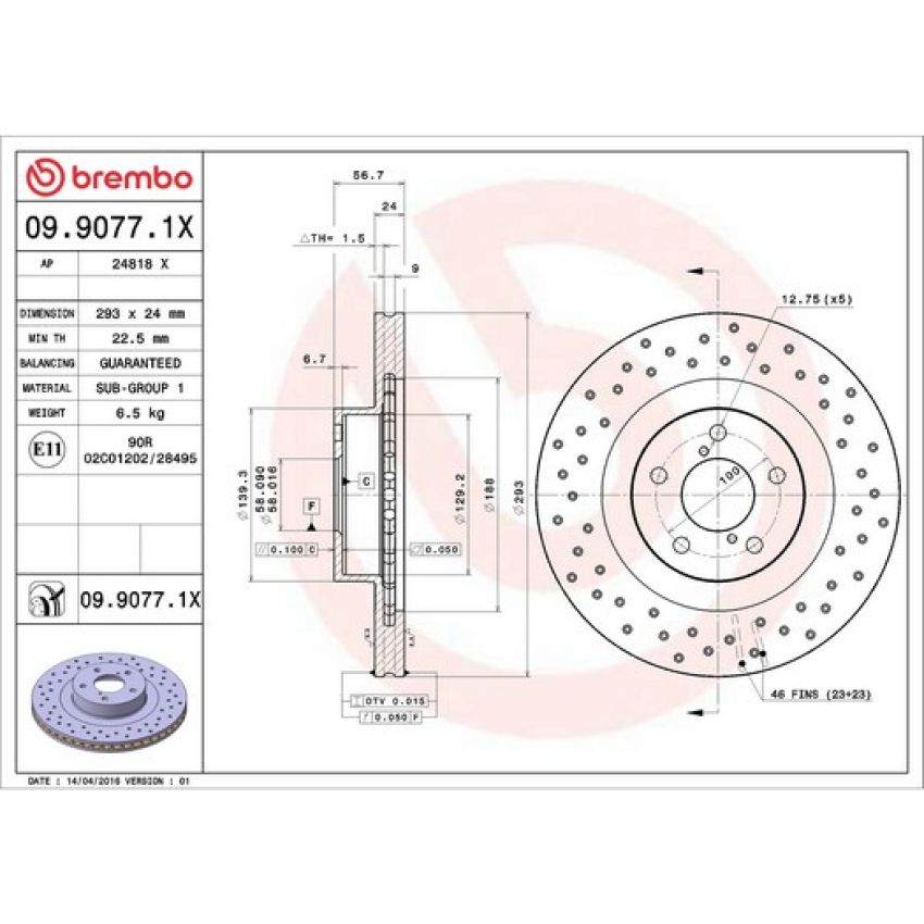 Brembo 09.9077.1X Premium UV Coated Xtra Cross Drilled Brake Rotor