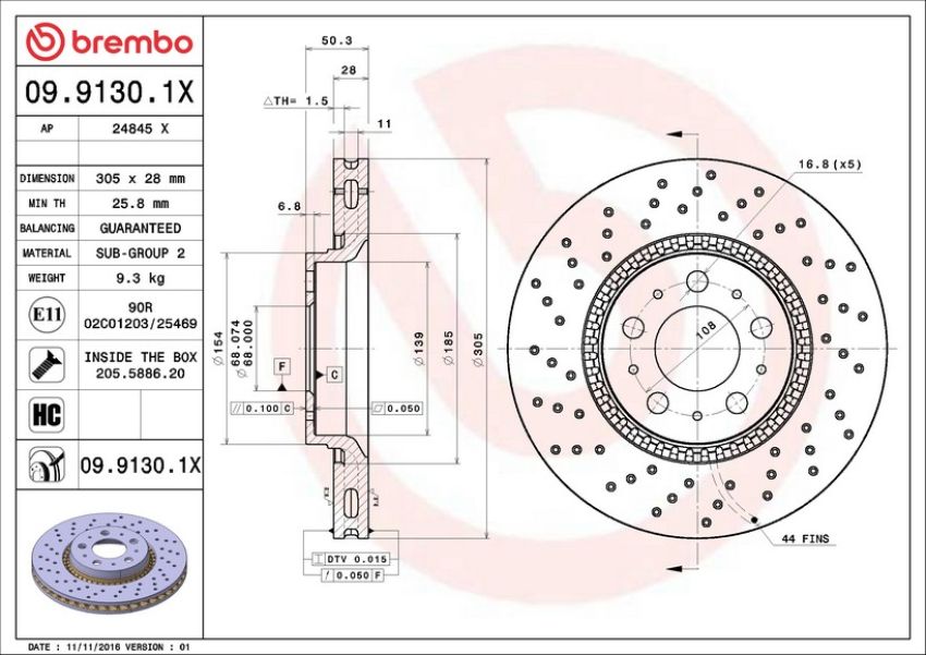 Brembo 09.9130.1X Premium UV Coated Xtra Cross Drilled Brake Rotor