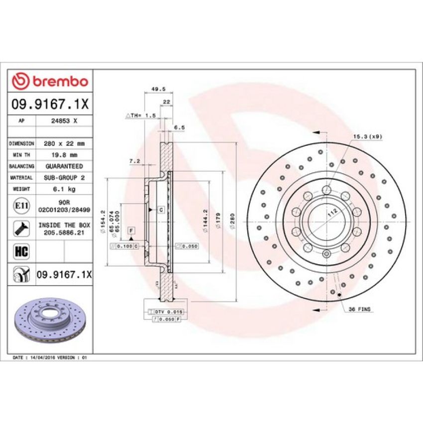 Brembo 09.9167.1X Premium UV Coated Xtra Cross Drilled Brake Rotor