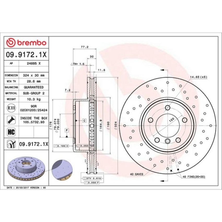 Brembo 09.9172.1X Premium UV Coated Xtra Cross Drilled Brake Rotor