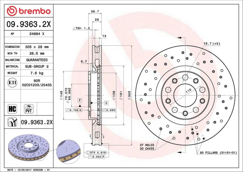 Brembo 09.9363.2X Premium UV Coated Xtra Cross Drilled Brake Rotor