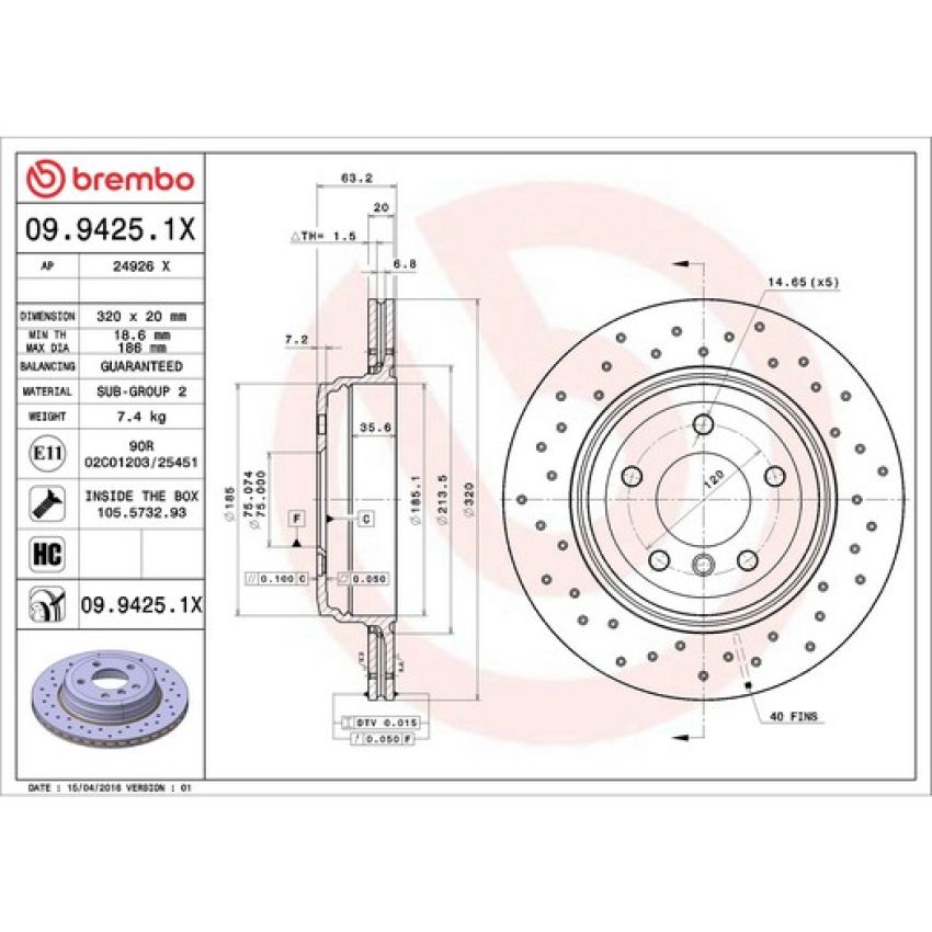 Brembo 09.9425.1X Premium UV Coated Xtra Cross Drilled Brake Rotor