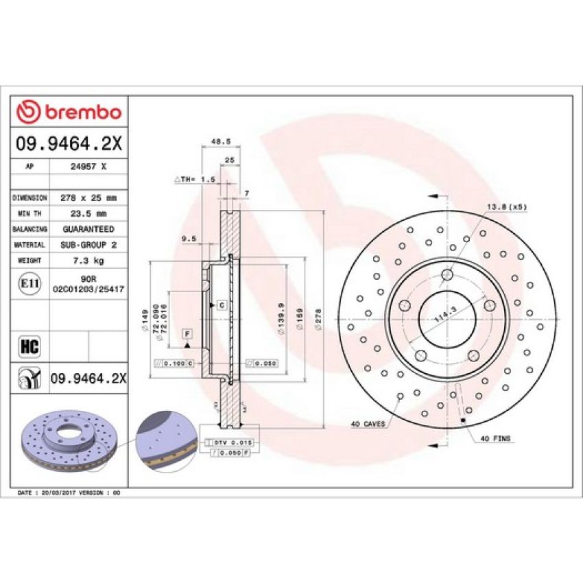 Brembo 09.9464.2X Premium UV Coated Xtra Cross Drilled Brake Rotor