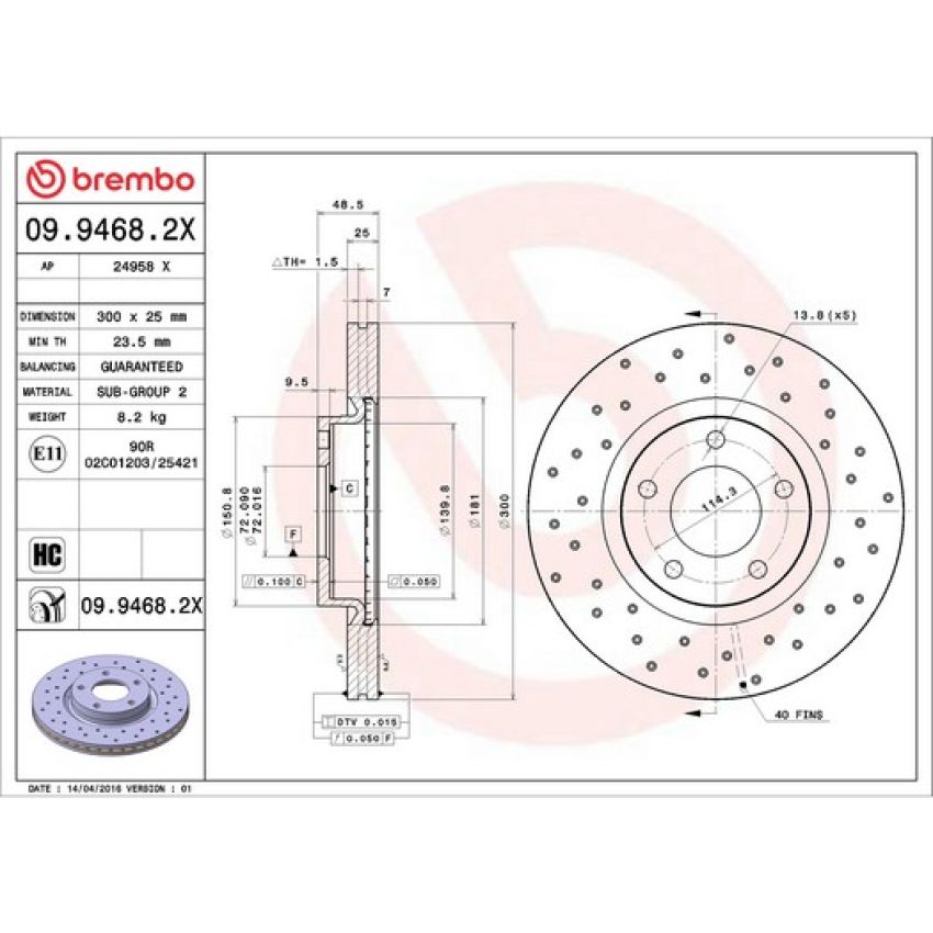 Brembo 09.9468.2X Premium UV Coated Xtra Cross Drilled Brake Rotor