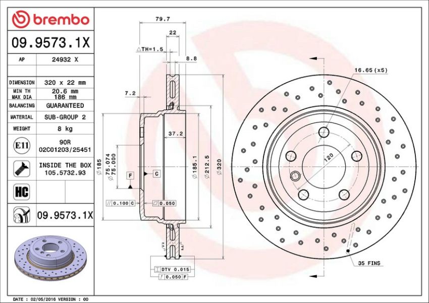 Brembo 09.9573.1X Premium UV Coated Xtra Cross Drilled Brake Rotor