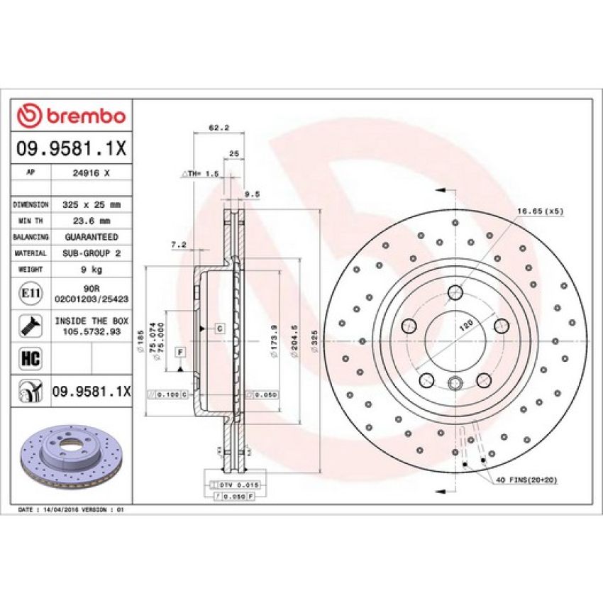 Brembo 09.9581.1X Premium UV Coated Xtra Cross Drilled Brake Rotor