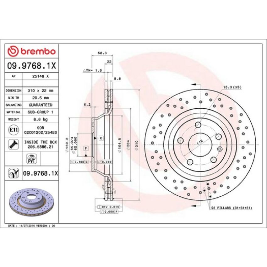 Brembo 09.9768.1X Premium UV Coated Xtra Cross Drilled Brake Rotor