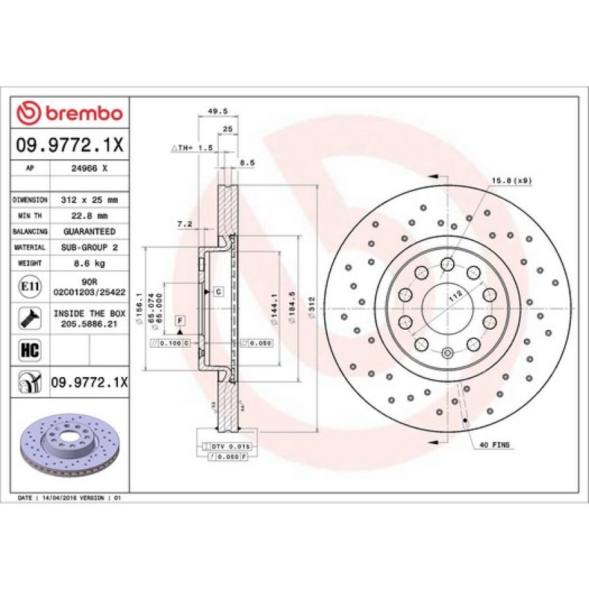 Brembo 09.9772.1X Premium UV Coated Xtra Cross Drilled Brake Rotor