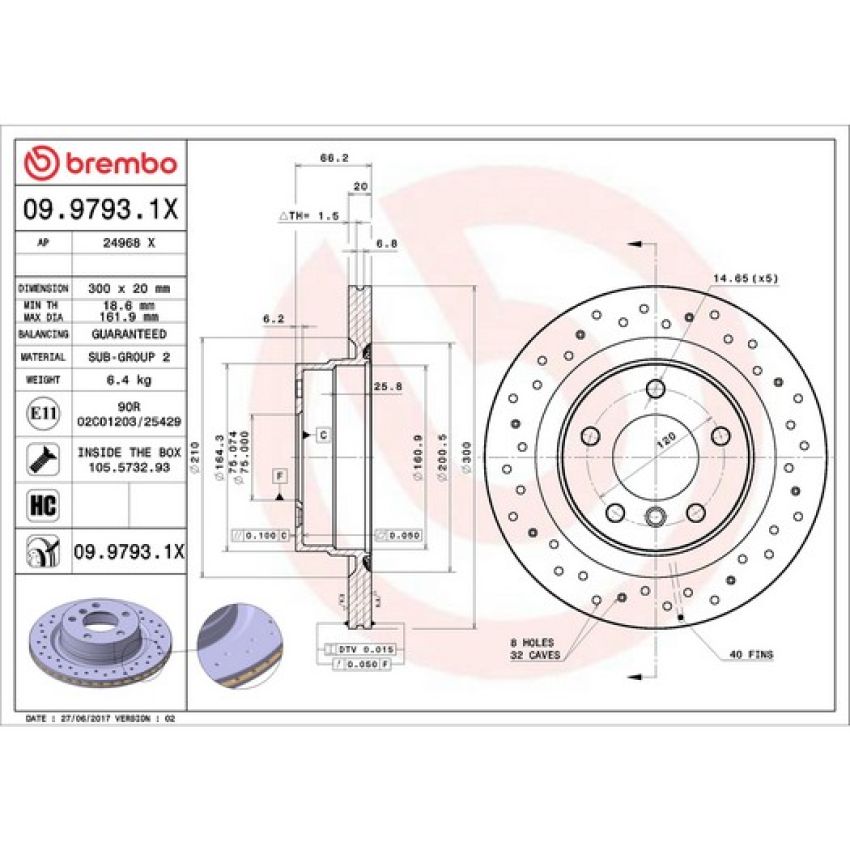 Brembo 09.9793.1X Premium UV Coated Xtra Cross Drilled Brake Rotor