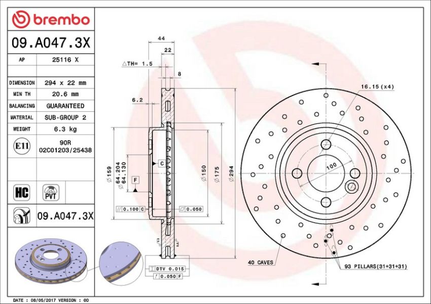 Brembo 09.A047.3X Premium UV Coated Xtra Cross Drilled Brake Rotor