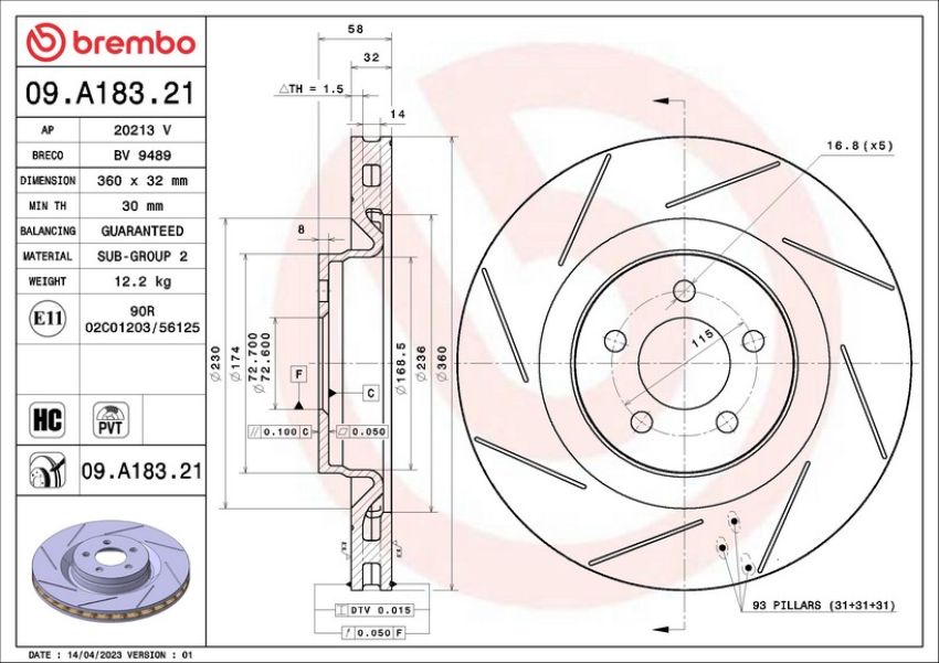 Brembo 09.A183.21 Premium Coated Vented Brake Rotor