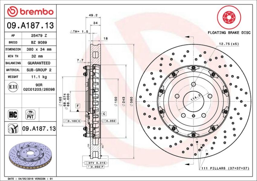 Brembo KT00835 Brembo ceramic brake pad and floating PVT drilled brake disc kit