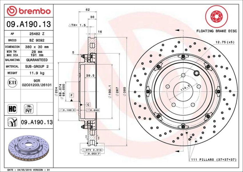Brembo 09.A190.13 Premium Floating Two Piece UV Coated Vented Drilled And Slotted Brake Rotor