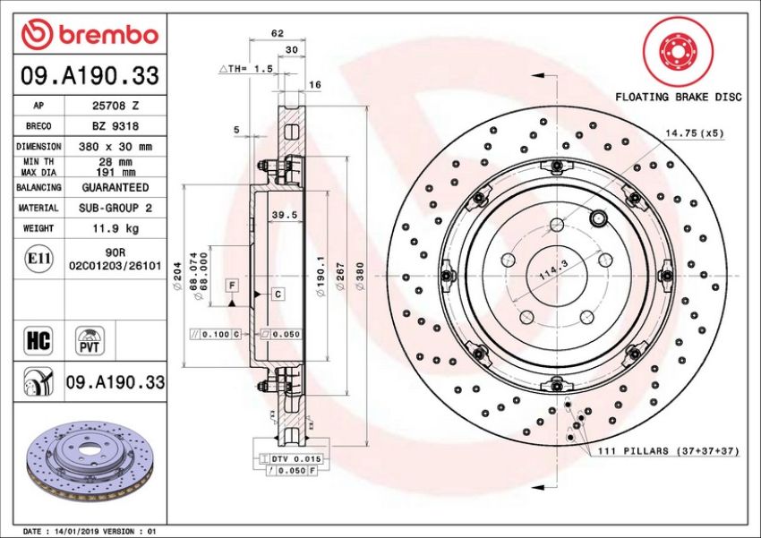 Brembo 09.A190.33 Premium Floating Two Piece UV Coated Vented Drilled And Slotted Brake Rotor