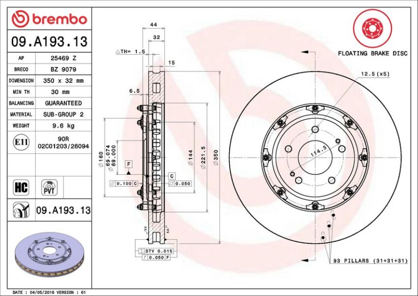 Brembo 09.A193.13 Premium Floating Two Piece UV Coated Vented Drilled And Slotted Brake Rotor