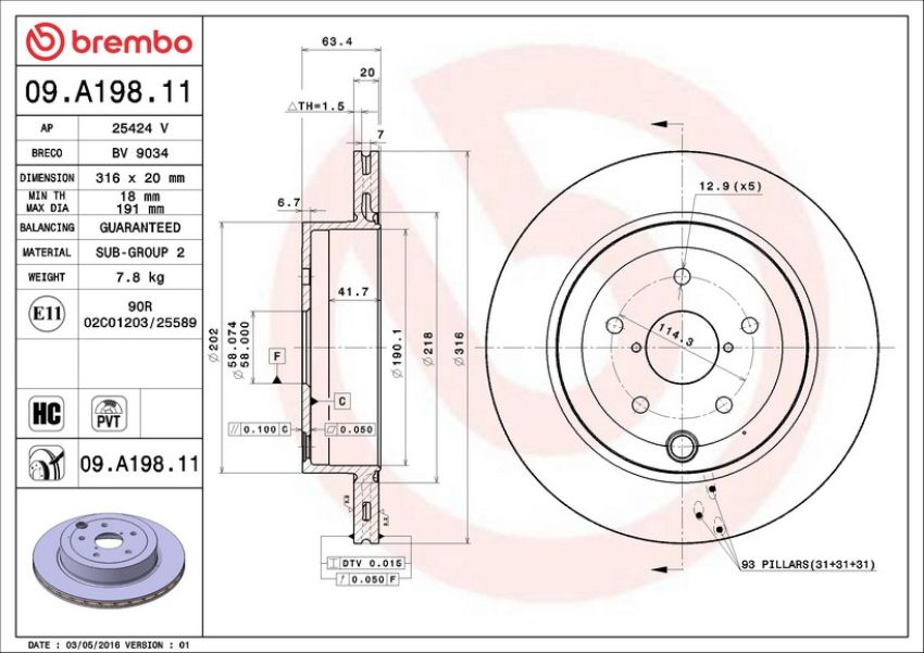 Brembo 09.A198.11 Premium Coated Vented Brake Rotor