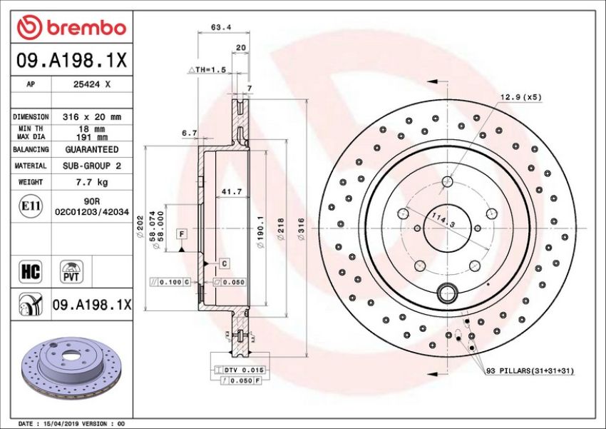 Brembo 09.A198.1X Premium UV Coated Xtra Cross Drilled Brake Rotor