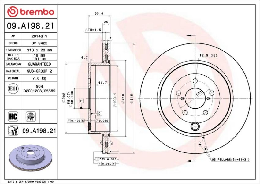 Brembo 09.A198.21 Premium Coated Vented Brake Rotor