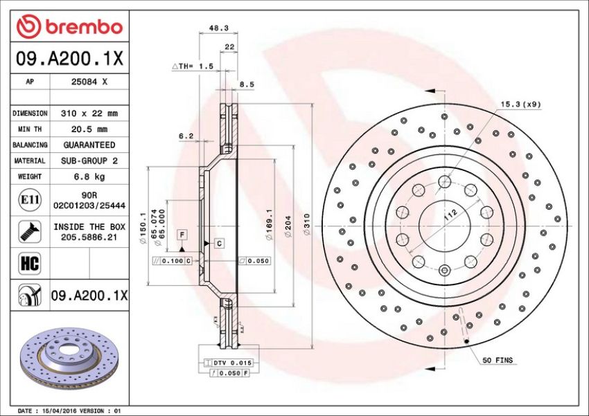 Brembo KTX4089 Brembo low-met brake pad and Xtra vented drilled brake disc kit