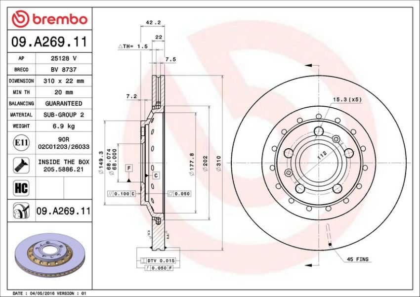 Brembo 09.A269.11 Premium Coated Vented Brake Rotor